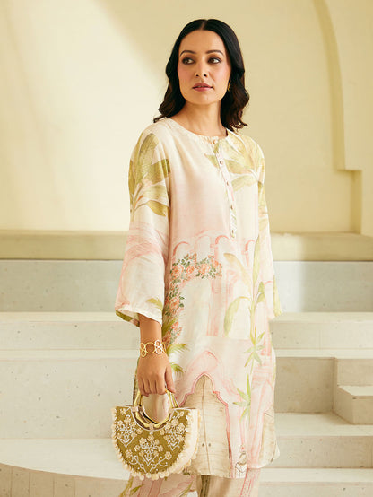 Powder Pink Printed Cotton Silk Kurta with Pants - Set of 2