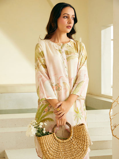 Powder Pink Printed Cotton Silk Kurta with Pants - Set of 2