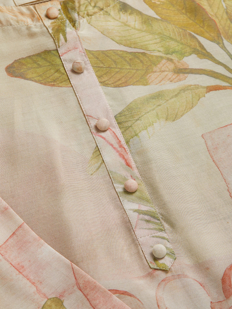 Powder Pink Printed Cotton Silk Kurta with Pants - Set of 2