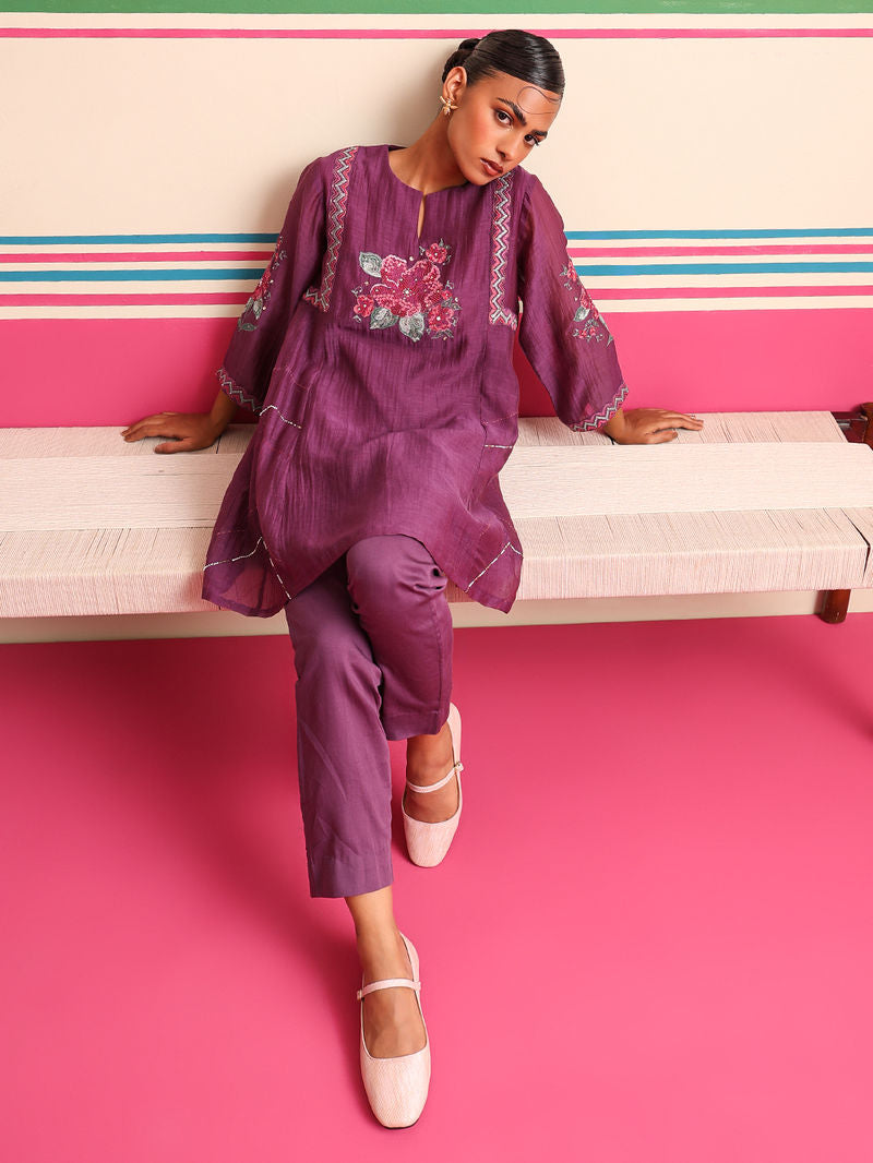 Purple Embroidered Chanderi Mul Co-ord Set - Set of 2