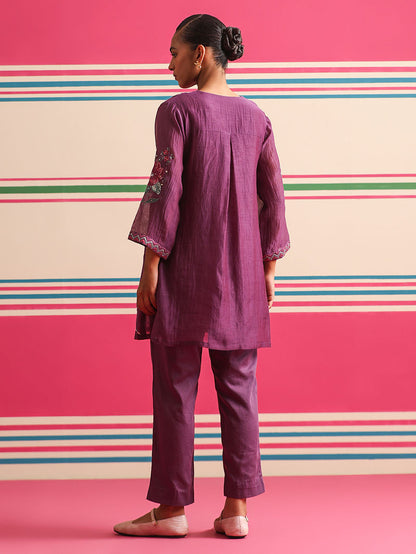 Purple Embroidered Chanderi Mul Co-ord Set - Set of 2