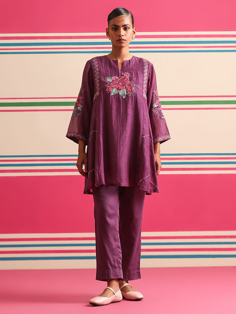 Purple Embroidered Chanderi Mul Co-ord Set - Set of 2