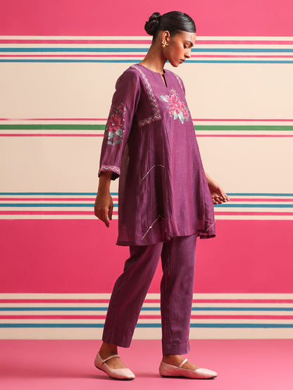 Purple Embroidered Chanderi Mul Co-ord Set - Set of 2
