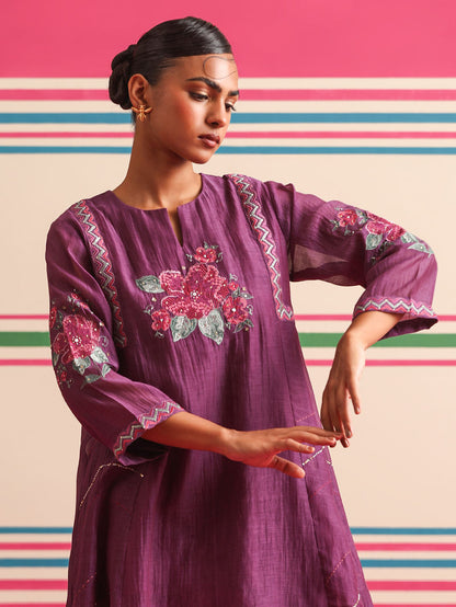 Purple Embroidered Chanderi Mul Co-ord Set - Set of 2