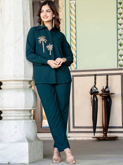 Embroidered Shirt Collar Neck Shirt With Trousers Co-Ords