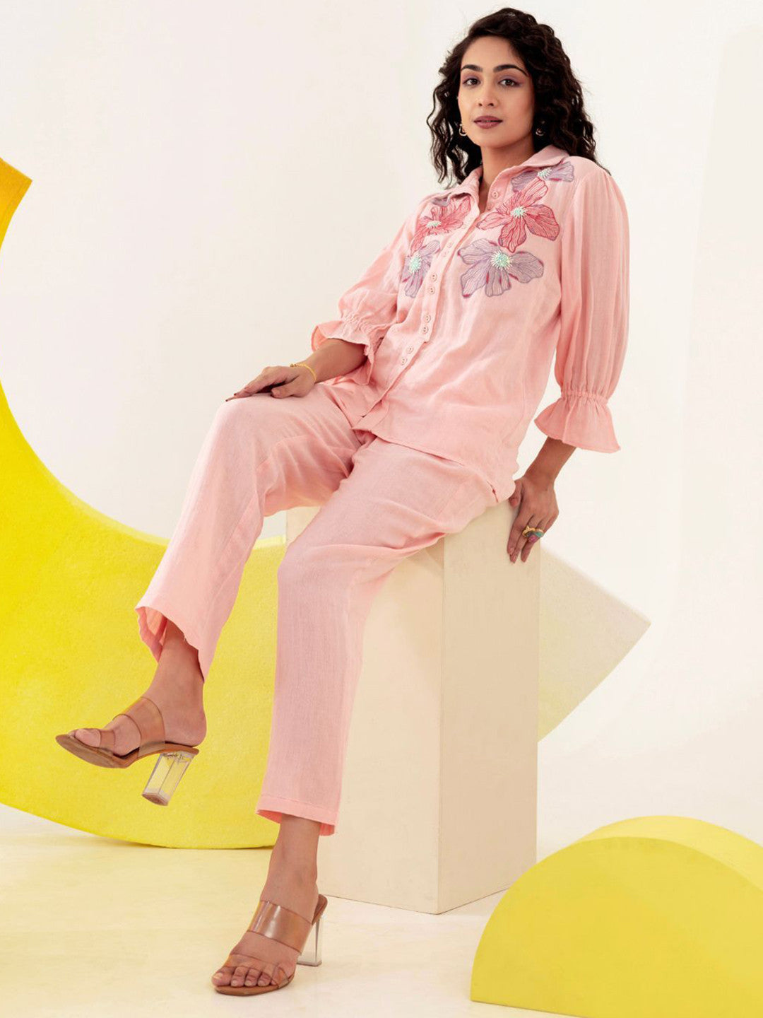 Embroidered Shirt Collar Pure Cotton Shirt With Trousers Co-Ords