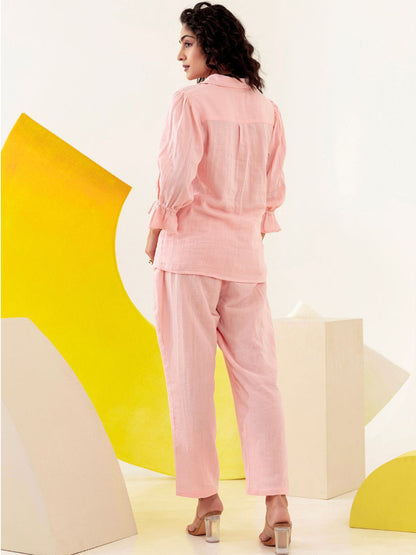 Embroidered Shirt Collar Pure Cotton Shirt With Trousers Co-Ords